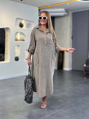 Polo Yaka Düğmeli Oversize Vizon Müslin Elbise