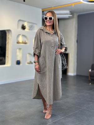 Polo Yaka Düğmeli Oversize Vizon Müslin Elbise