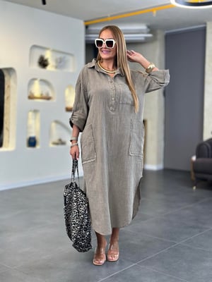 Polo Yaka Düğmeli Oversize Vizon Müslin Elbise