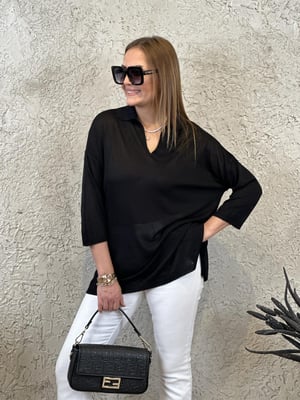 Polo Yaka Fakir Kol Siyah Oversize Triko