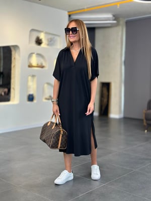 Polo Yaka Oversize Siyah Modal Elbise
