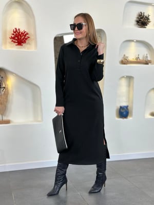 Polo Yaka Yan Yırtmaçlı Siyah Elbise