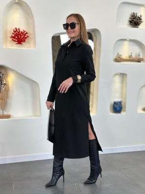 Polo Yaka Yan Yırtmaçlı Siyah Elbise