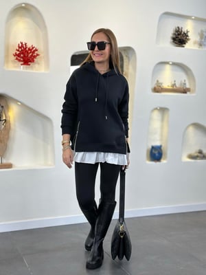 Poplin Garnili Kapüşonlu Siyah Sweatshirt