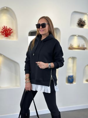 Poplin Garnili Kapüşonlu Siyah Sweatshirt