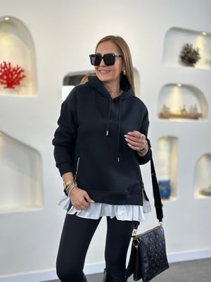 Poplin Garnili Kapüşonlu Siyah Sweatshirt