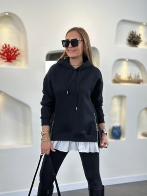Poplin Garnili Kapüşonlu Siyah Sweatshirt