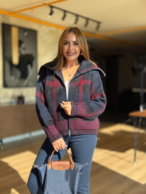Premium Büyük Yaka Fermuarlı Lacivert Bordo Hırka Ceket