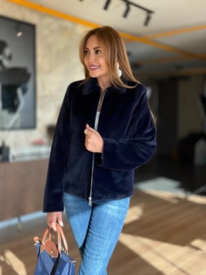 Premium Yakalı Fermuar Detay Lacivert Kürk Ceket