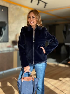 Premium Yakalı Fermuar Detay Lacivert Kürk Ceket