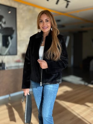 Premium Yakalı Fermuar Detay Siyah Kürk Ceket