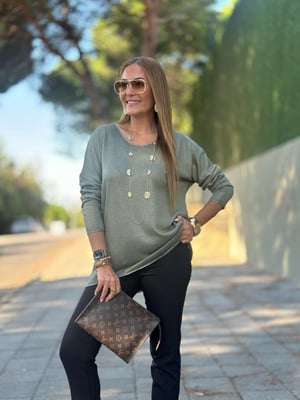 Sim Detaylı Batik Haki Triko Bluz