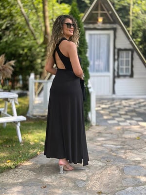 Sırtı Çapraz Detay Siyah Maxi Elbise
