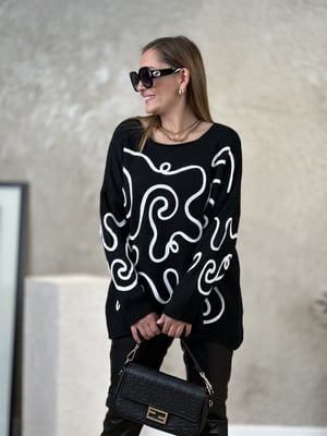 Siyah Beyaz Desenli Oversize Kazak