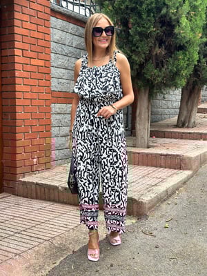 Siyah Beyaz Desenli Volanlı Tulum