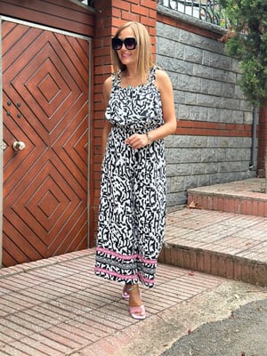Siyah Beyaz Desenli Volanlı Tulum