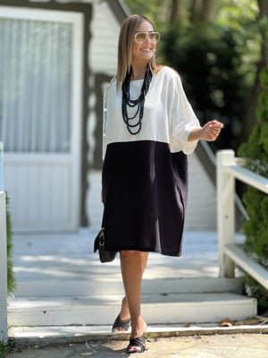 Siyah Beyaz Oversize Keten Elbise