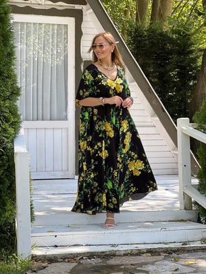Siyah Çiçek Desenli Oversize Maxi Elbise