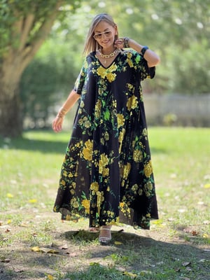 Siyah Çiçek Desenli Oversize Maxi Elbise