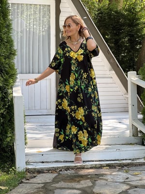 Siyah Çiçek Desenli Oversize Maxi Elbise