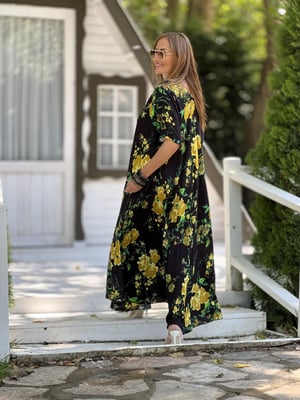 Siyah Çiçek Desenli Oversize Maxi Elbise