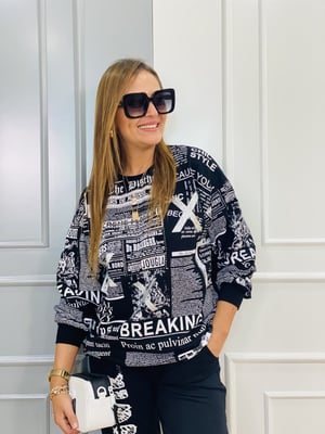 Siyah Gazete Baskılı Sweatshirt