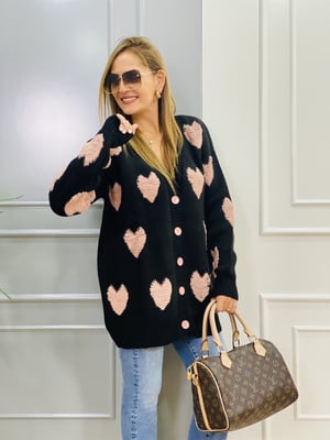 Siyah Kalp Detay Oversize Hırka
