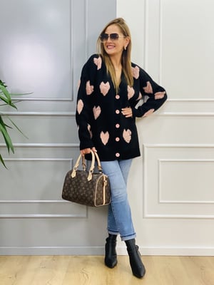 Siyah Kalp Detay Oversize Hırka
