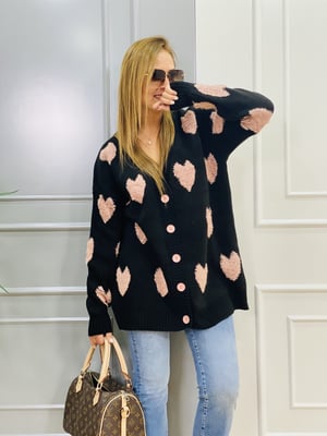 Siyah Kalp Detay Oversize Hırka