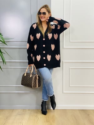 Siyah Kalp Detay Oversize Hırka
