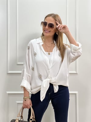 Taş İşlemeli Beyaz Oversize Gömlek