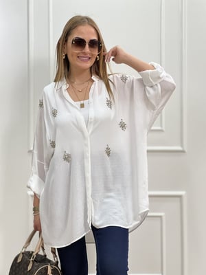 Taş İşlemeli Beyaz Oversize Gömlek