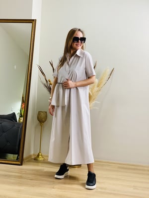 Taş Rengi Yan Detaylı Uzun Elbise