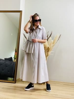 Taş Rengi Yan Detaylı Uzun Elbise