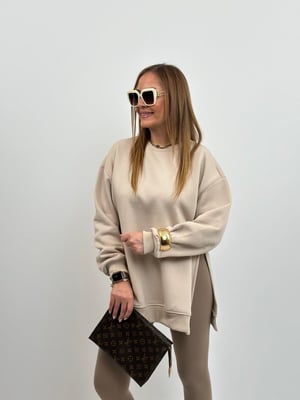 Taş Rengi Yırtmaçlı Oversize Sweatshirt