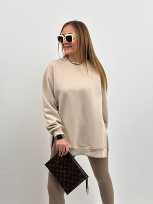 Taş Rengi Yırtmaçlı Oversize Sweatshirt