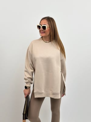 Taş Rengi Yırtmaçlı Oversize Sweatshirt