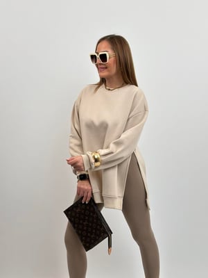 Taş Rengi Yırtmaçlı Oversize Sweatshirt