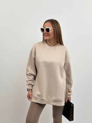 Taş Rengi Yırtmaçlı Oversize Sweatshirt