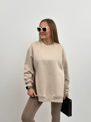Taş Rengi Yırtmaçlı Oversize Sweatshirt