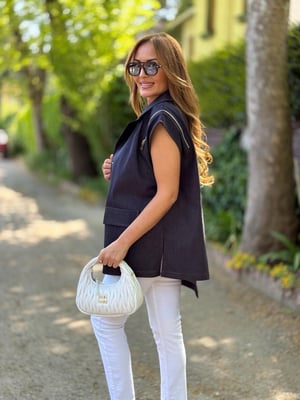 Tasarım Asimetrik Kesim Lacivert Jean Yelek