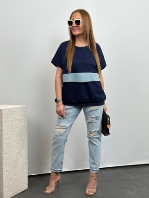 Tasarım Denim Detay Lacivert Bluz