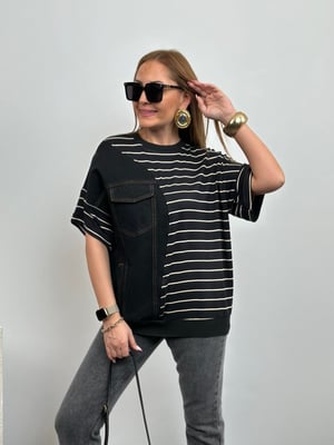 Tasarım Denim Detay Siyah Çizgili Tshirt
