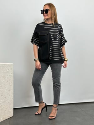 Tasarım Denim Detay Siyah Çizgili Tshirt