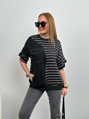 Tasarım Denim Detay Siyah Çizgili Tshirt