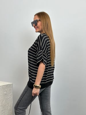 Tasarım Denim Detay Siyah Çizgili Tshirt