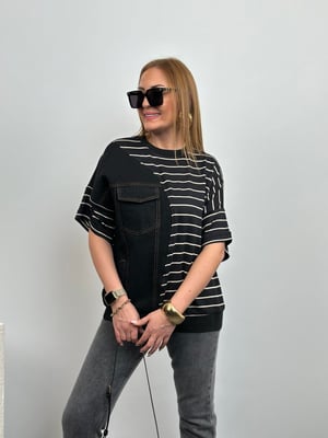 Tasarım Denim Detay Siyah Çizgili Tshirt