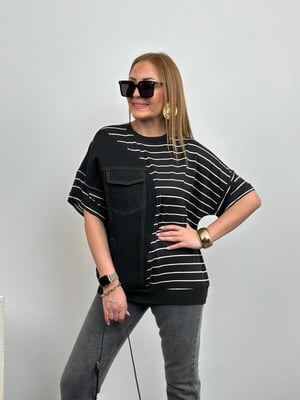 Tasarım Denim Detay Siyah Çizgili Tshirt