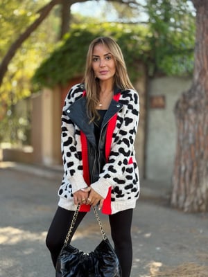 Tasarım Deri Detaylı Kırmızı Şeritli Leopar Ceket