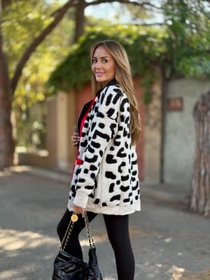 Tasarım Deri Detaylı Kırmızı Şeritli Leopar Ceket